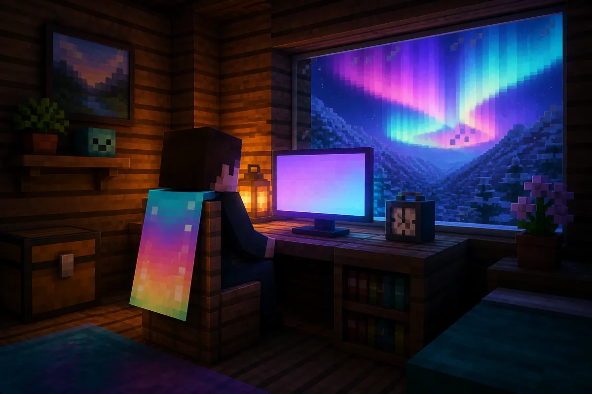A blocky player in the Aurora Cape watching a stream in a cabin while an aurora glows outside