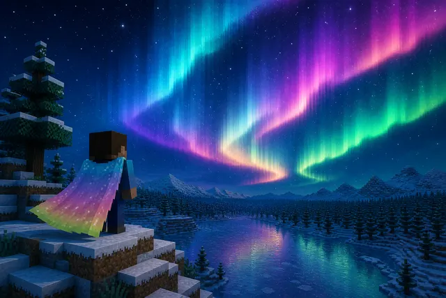 A blocky player in a pastel aurora cape standing on a snowy hill under a bright aurora