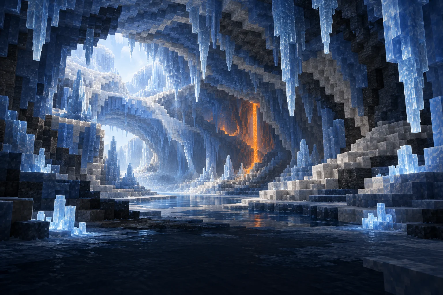 Concept illustration of a vast voxel ice cavern with hanging icicles, white terraces and a distant lavafall