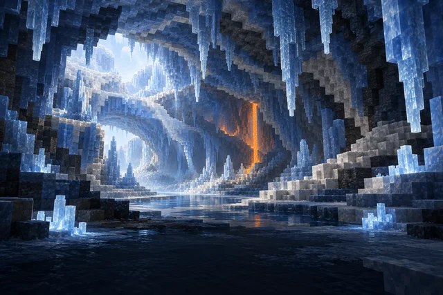 Concept illustration of a vast voxel ice cavern with hanging icicles, white terraces and a distant lavafall